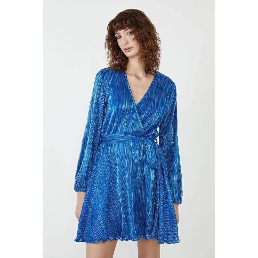 Bardot XS Long Sleeve Bellisa Pleated Wrap Mini Dress Bright Metallic Blue Party
